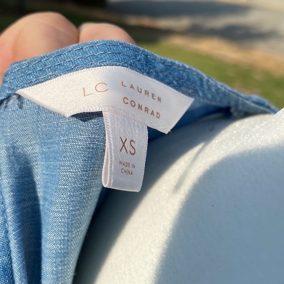 BLUE DENIM MIDI DRESS  LC LAUREN CONRAD SHIFT XS OFF SHOULDER faux DENIM… - Picture 7 of 11